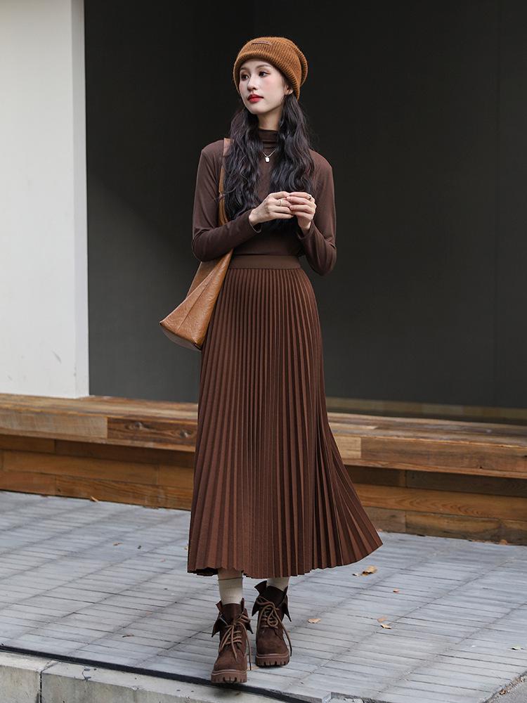 Winter 2024 Women's High-Waisted Wool Blend Pleated Midi Skirt – Slimming A-line Casual Style