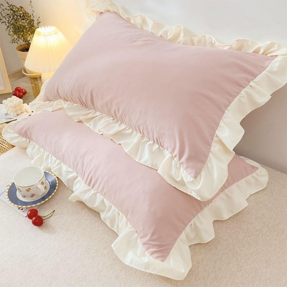 

Korean-style Ruffled Edge Princess Pillowcases Stain-resistant Rectangular Pillow Protector Large Size Solid Color Pillowslip светло-розовый
