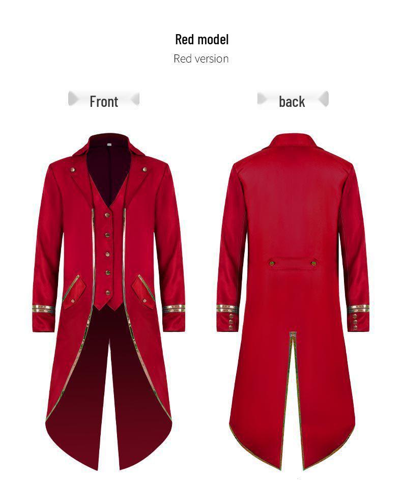 Men's Medieval Halloween Gold Trim Swallowtail Coat for Stage Performance