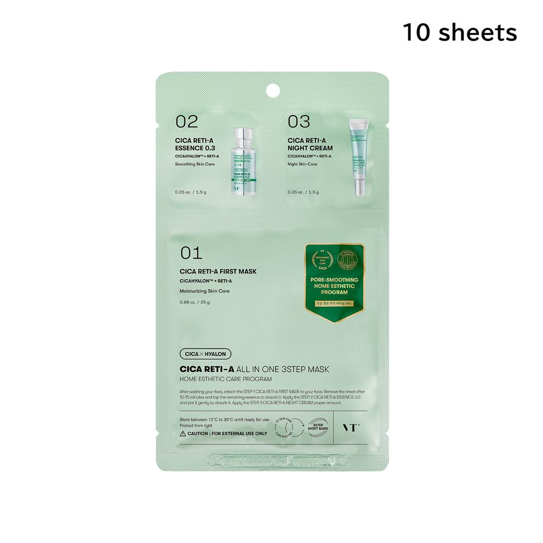 VT Cosmetics Cica Reti-A All-in-One 3-Step Pore Care Mask Set 10 Sheets Easy Pore Care Program