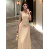 Green Diamond-encrusted Neck Suspender Dress Women's Summer Beautiful Skirt French Seaside Vacation Temperament Mesh Dress