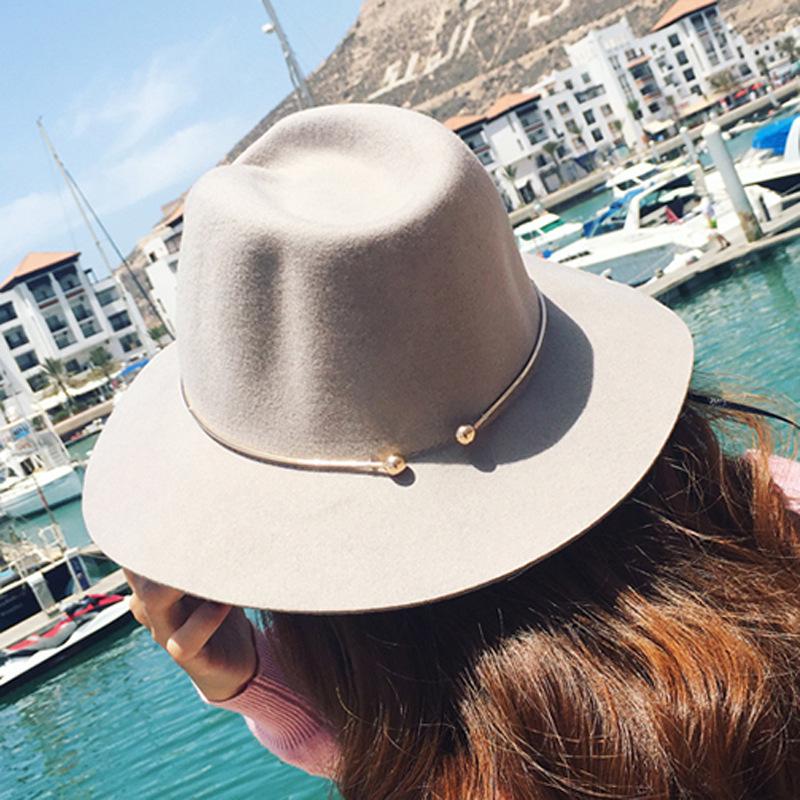 

Autumn and winter vintage woolen hat, fashionable metallic Korean-style women s sunshade jazz hat, British-style large-brimmed felt hat in gray M（56-58cm） темно-синього кольору
