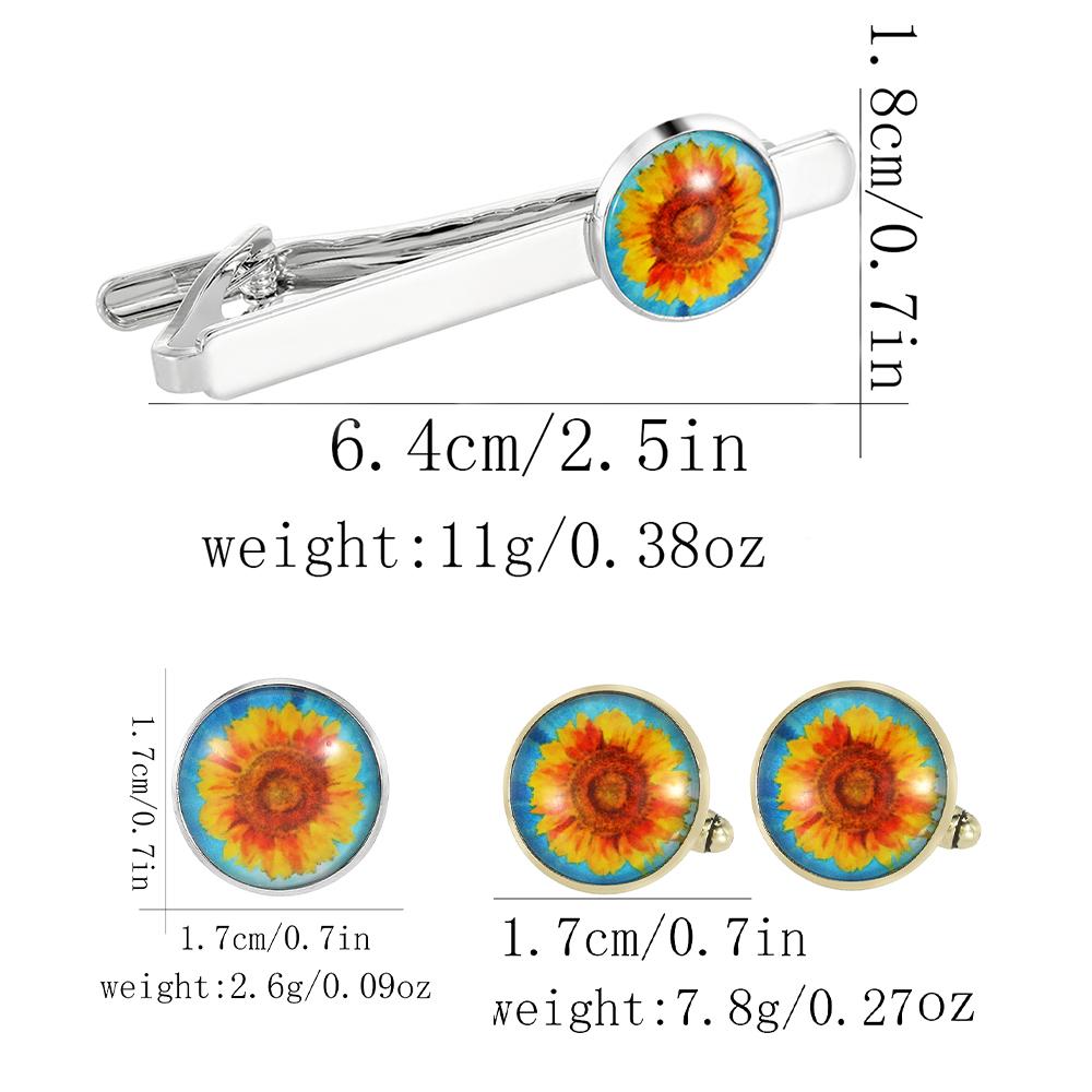 New Sunflower Pattern Round Cufflinks Mens Time Gem Flower Tie Clip