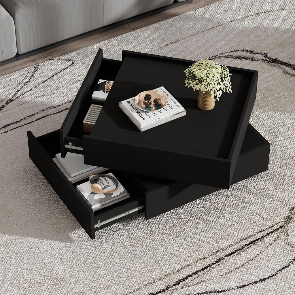 Couchtisch quadratische Drehbarer Moderner 2 Schubladen, kreativer Sofatisch Kaffeetisch, Beistelltisch Mitteltisch Home Office, Schwarz