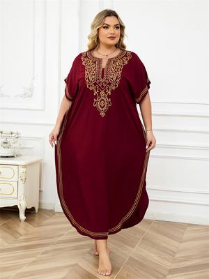 Plus Size Glod Bestickter tiefroter V-Ausschnitt Fledermausärmel Kaftan Sommer Strandkleid Damen Outfit Badeanzug Cover Up Lockerer Kaftan