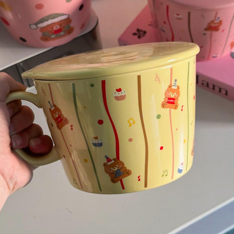 Cream Wind Cartoon Bear Student Instant Noodle Cup Household Instant Noodle Bowl with Cover Dormitory Instant Noodle Bowl Personal
