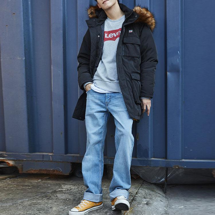 Levis Letter Print Crew Neck Casual Long Sleeve Loose Sweatshirt Men Sweatshirt Gray 19492-0026