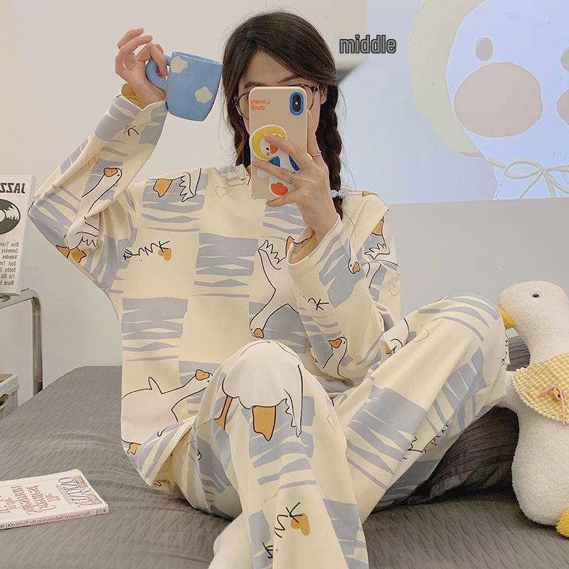 Niedlicher Cartoon-Pyjama für Damen: Reine Baumwolle, Langarm, Rundhalsausschnitt-Pullover, Frühling/Herbst