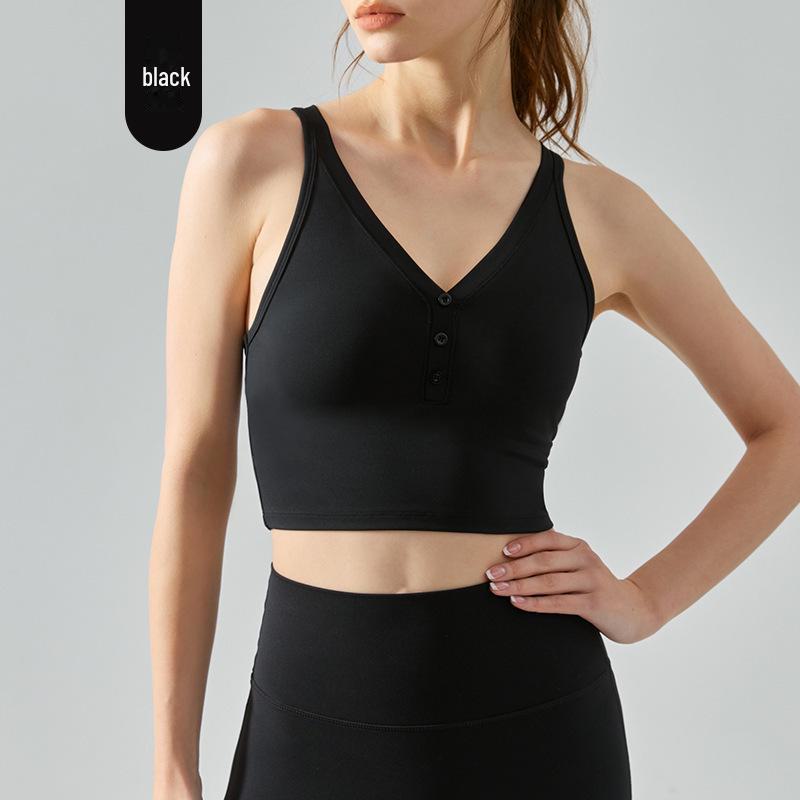 "Sexy Cross-Back V-Neck Sports Vest with Chest Pad - Solid Color Yoga Top for Summer"