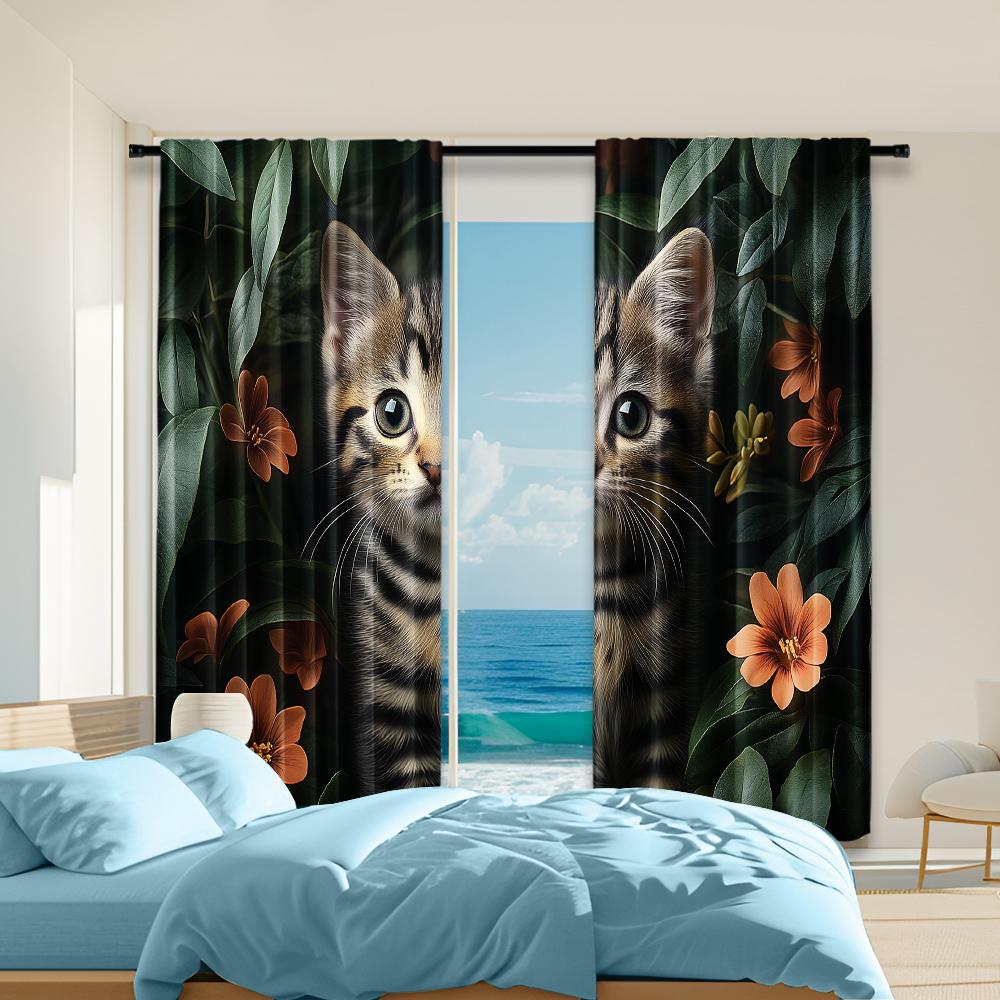 

2 pcs versatile polyester transparent curtains for home decoration Kitten in Floral Jungle for use in bedrooms and living rooms 100*130 Rod Pocket 1pcs