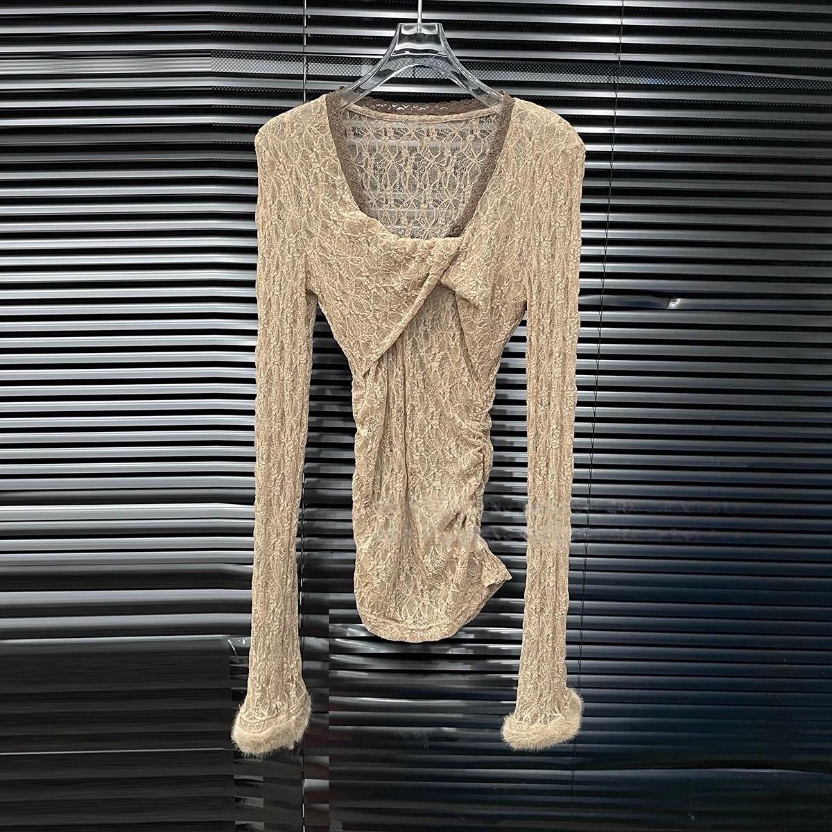 2025 Autumn/Winter Women s Slim Lace Hollow V-Neck Patchwork T-shirt Large хаки