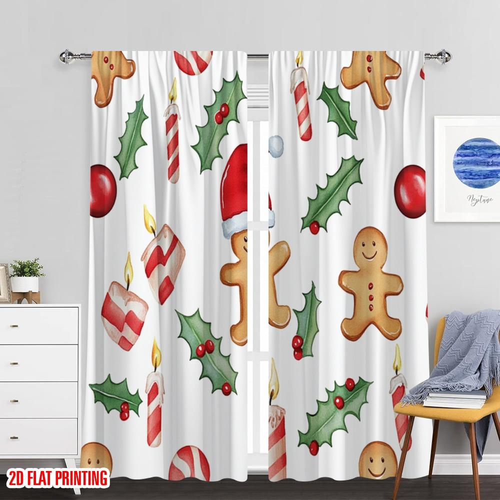 Set Of 2 Plane Printing Curtains Christmas Candies Ornaments Trees Polyester Without Rod All Seasons Living Room Curtain Perfect For