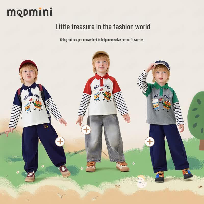 MQDMINI Boys' Digital Print Long-Sleeve Polo Shirt