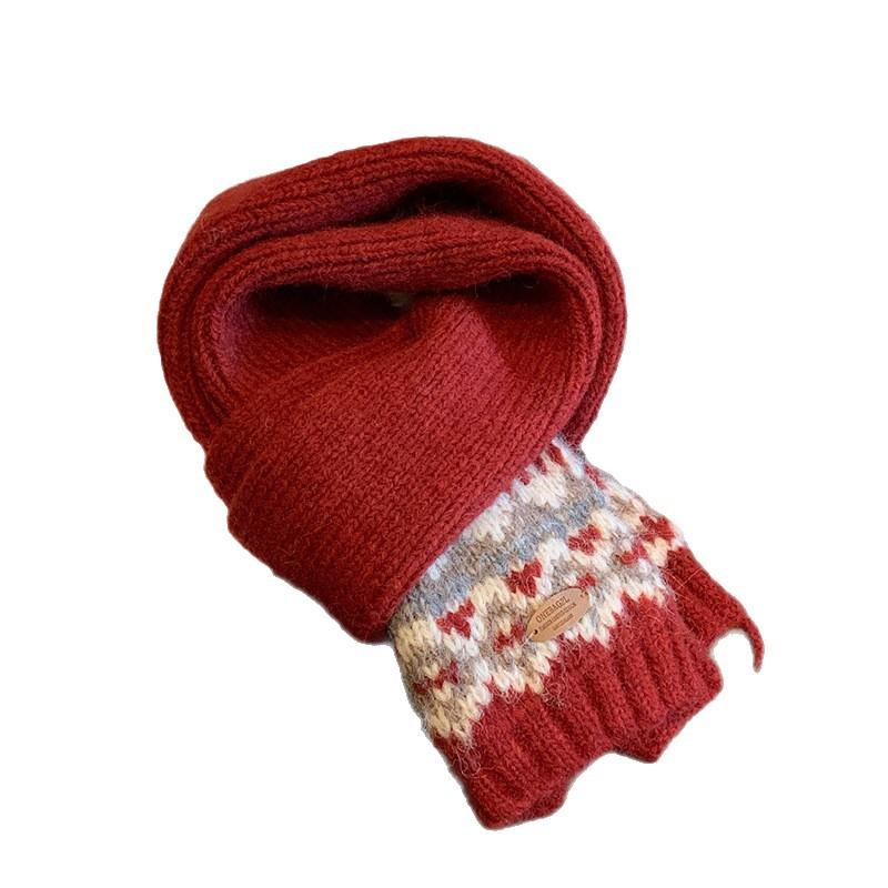 Fair Isle Neujahr Gestrickter Wollschal Rot Damen Winter Neu Koreanische Atmosphäre Warmer Schal