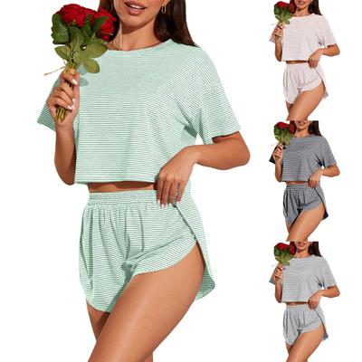 Women's Knitted Striped Pajamas Loose Short Sleeve Shorts Set Home Clothes