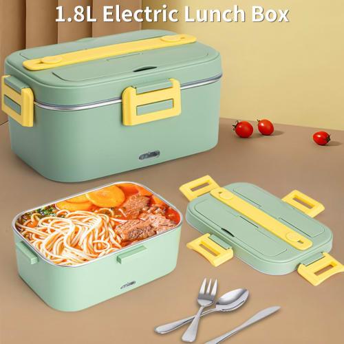 1.8L Electric Lunch Box, 75W Heated Lunch Box for Car or Home Use, Dual-Use, Removable Stainless Steel Container with Fork and Spoon Storage and Carry