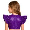 Dívčí párty halenka top třpytivý flitrovaný crop top kulatý výstřih volánkové design s muchlákovými rukávy podšitý narozeninový top