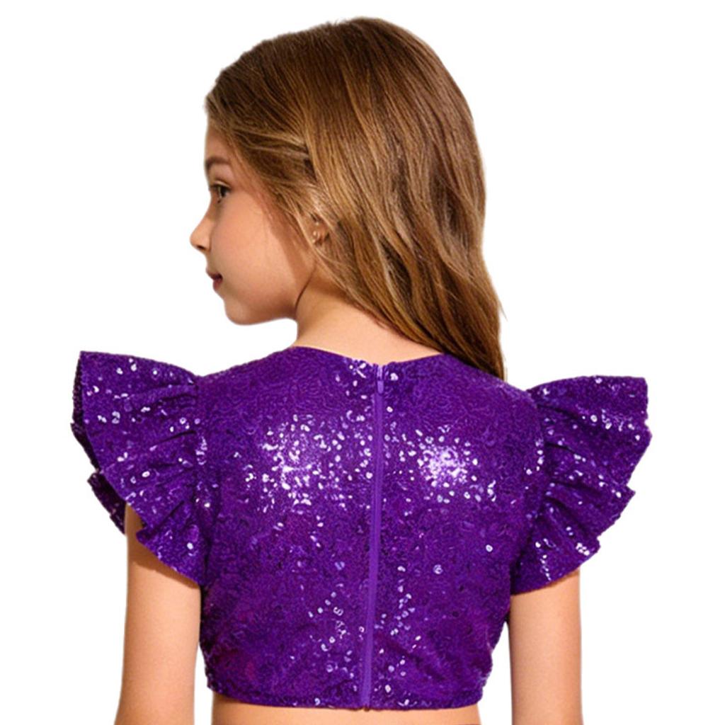 Dívčí párty halenka top třpytivý flitrovaný crop top kulatý výstřih volánkové design s muchlákovými rukávy podšitý narozeninový top