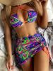Women's Printed Bikini Set Three Piece Swimsuit Halter Neck Tie Top High Waist Bottom Beachwear Cover Up Skirt