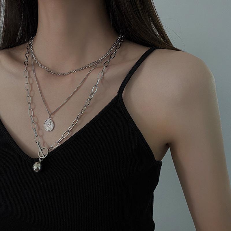 Cold Wind Three Layers Stacked Hip-hop Long Necklace Women's Versatile Coin Pendant Earth Cool Trend Accessories