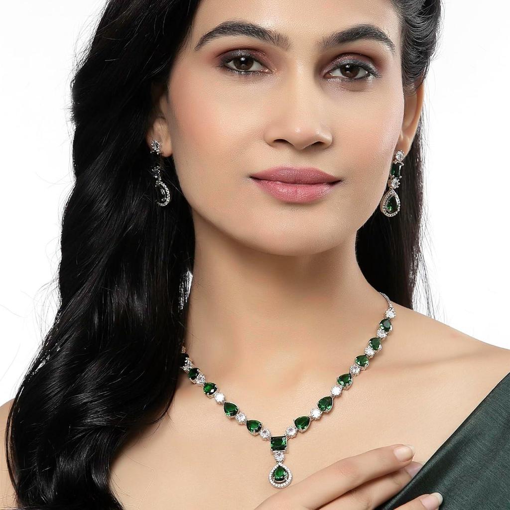 Rhodium-Plated American Diamond Studded Fashionable Necklace With Earrings Jewellery Set For Girls and Women