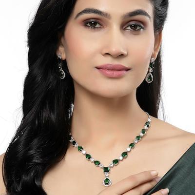 Rhodium-Plated American Diamond Studded Fashionable Necklace With Earrings Jewellery Set For Girls and Women
