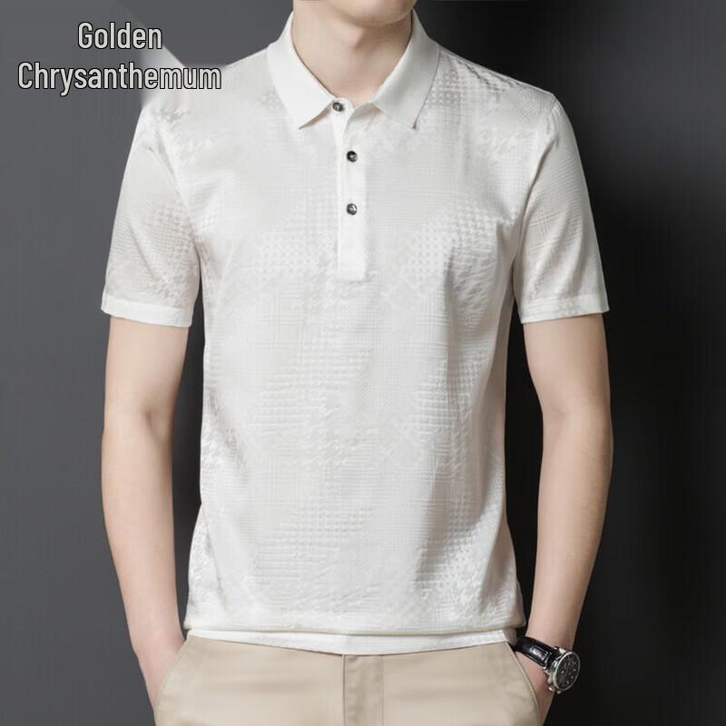Golden Chrysanthemum Men s Short Sleeve Mulberry Silk Polo T-shirt 3XL
