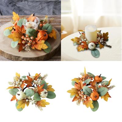 Fall Candle Ring Wreath ID 2.95inch Decorative for Dinner Table Accessories Lifelike Artificial Maple Leaves and Pumpkin