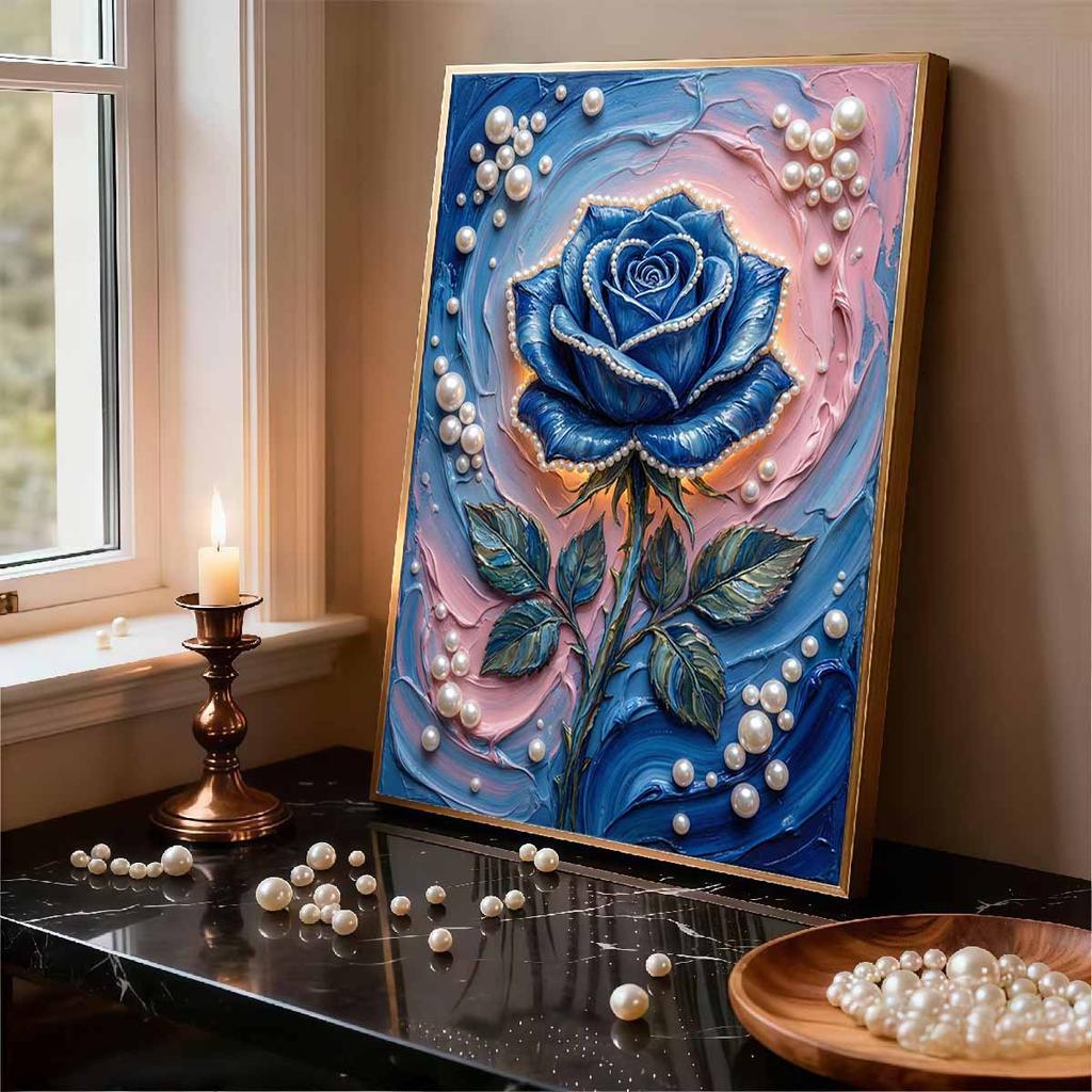 Crystal Pearl Painting 5D DIY Frame Decoration Painting Blue Rose Home Wall Decoration Transparent Pearl Gemstone Painting Picture Art Crafts