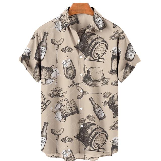Camisetas Festival de Cerveza Harajuku para Hombre Estampado 3D Manga Corta Verano Estilo Hawaiano Playa Tops de Botón Único Solapa