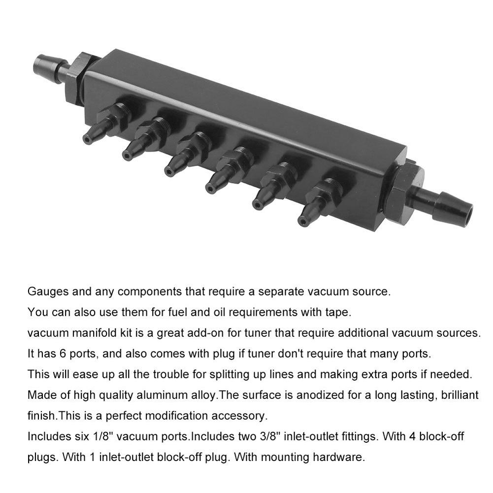 6 Port Vacuum Block Intake Manifold Kit Aluminum Alloy Boost Manifold Universal Vacuum Block 1/8NPT for Car Truck Turbo
