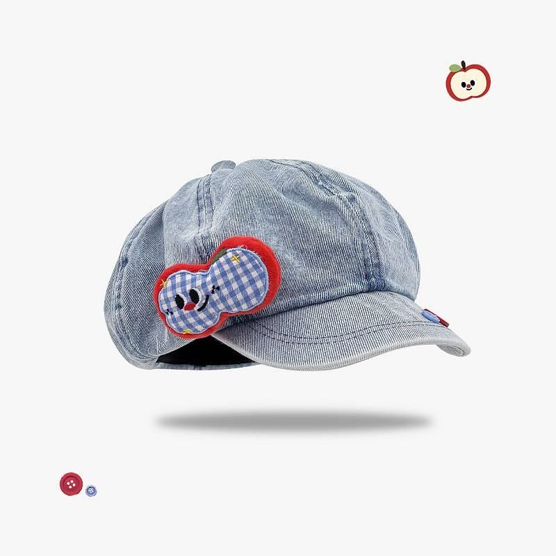Fruit Apple Button Denim Beret Hat With Cloud Design For Womens Spring Casual