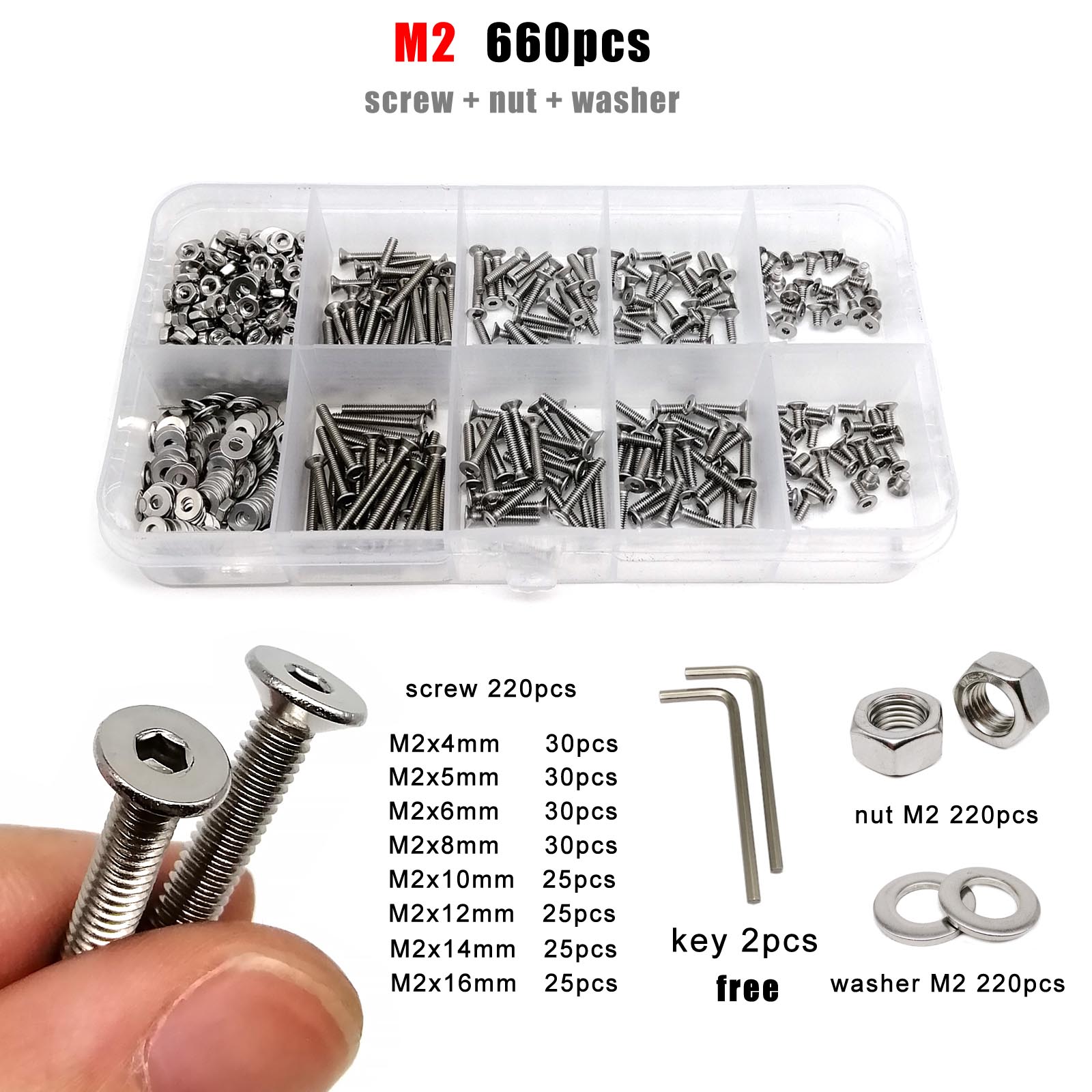 

M1.6 M2 M2.5 M3 M4 M5 M6 M8 Нержавеющая сталь 304 Винт с шестигранным углублением под ключ Аллена с плоской потайной головкой Болт Гайка Шайба Набор Комплект Коробка