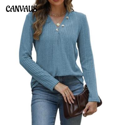 Women's V-neck Wool Pit Strip Solid Color Button Long Sleeve T-shirt Top