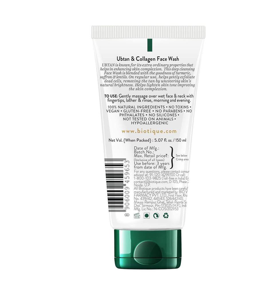 Biotique Ubtan Collagen Face Wash For Tan Removal Glowing Skin Gentle Exfoliation Dead Skin Cell Removal 150ml