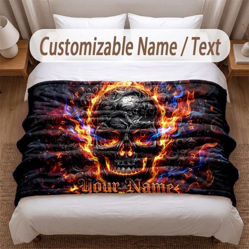 Skull Gothic Theme Soft Blanket Personalized Custom Name Text Print Warm Blanket Home Sofa Bedroom Decor
