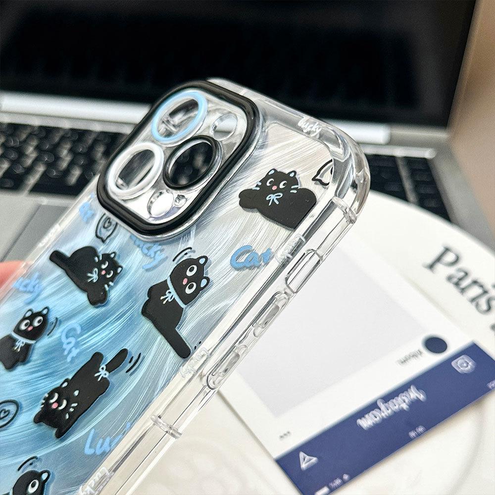 Gradually Dyed Feather Yarn Small Black Cat Food Suitable for Apple 16 Protective Cover Iphone15 Mobile Phone Case 14 Soft Edge 13 Niche