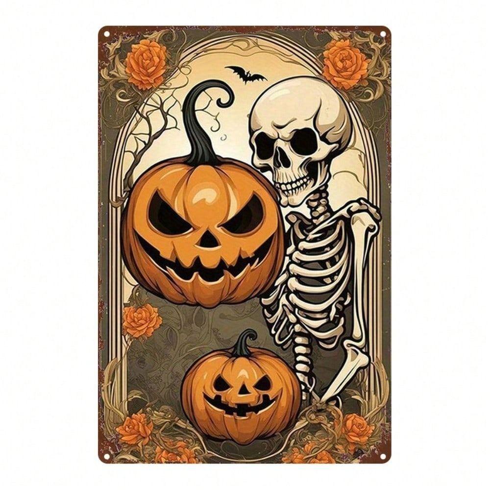 Rustic Pumpkin Skeleton Metal Wall Art Vintage Halloween Decor