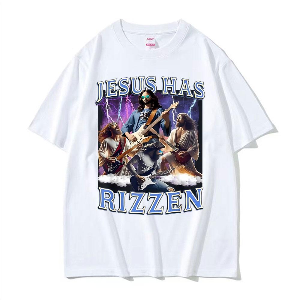 Funny Jesus Has Rizzen Rock Star Tee Shirt Mens Clothing Fashion Gothic Cool T Shirt Unisex High Quality Cotton Summer Tshirts