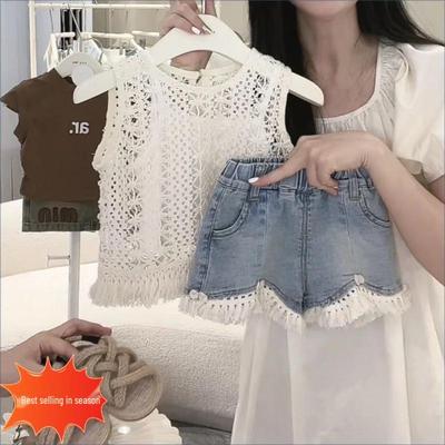 2024 Sommer Mädchen Koreanischer Stil Zweiteiler: Hohles Tanktop & Jeansshorts