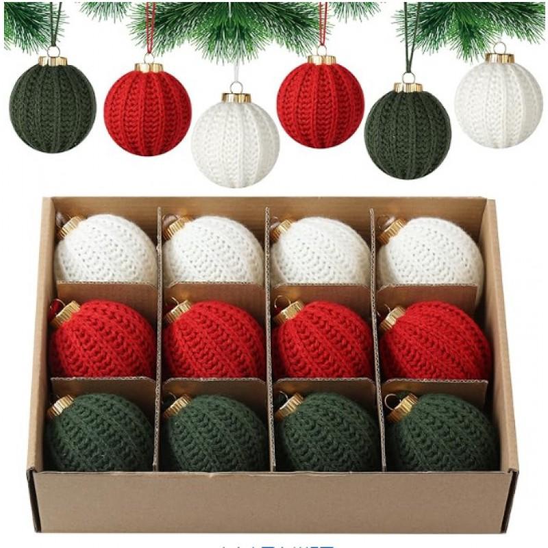 Handmade Knitted Christmas Ornament Balls Set Red Green White Tree Decor Holiday Home Festive Decoration