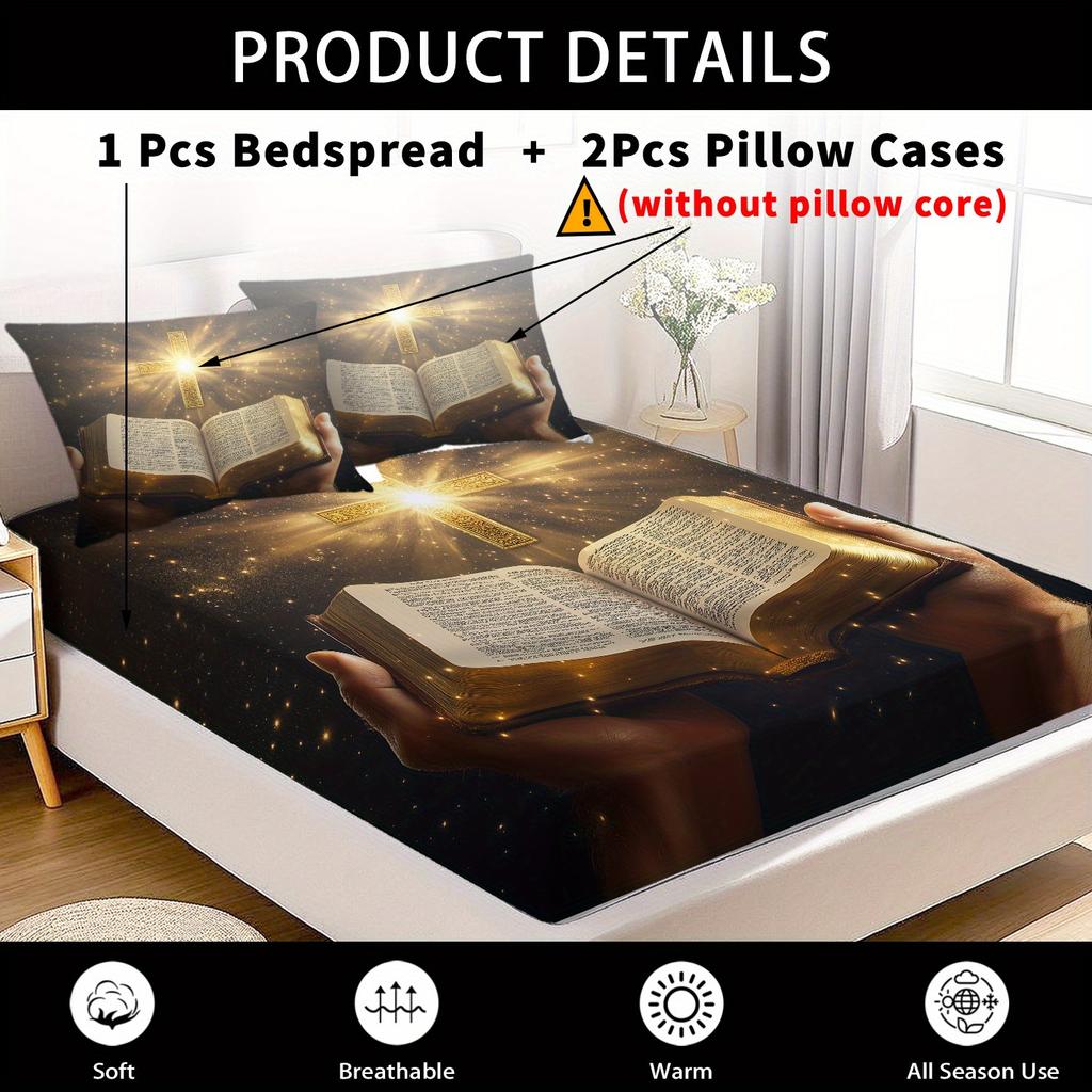 Latacaca 3pcs Religious Bible and Cross Fitted Sheet Set 1 Fitted Sheet and 2 Pillowcases All Seasons Bedding Set Perfect