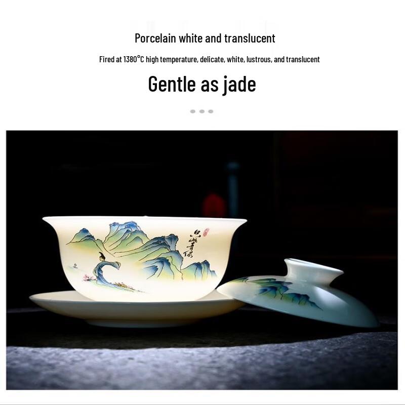 Shangqi Suet Jade Porcelain Kung Fu Gaiwan Tea Set