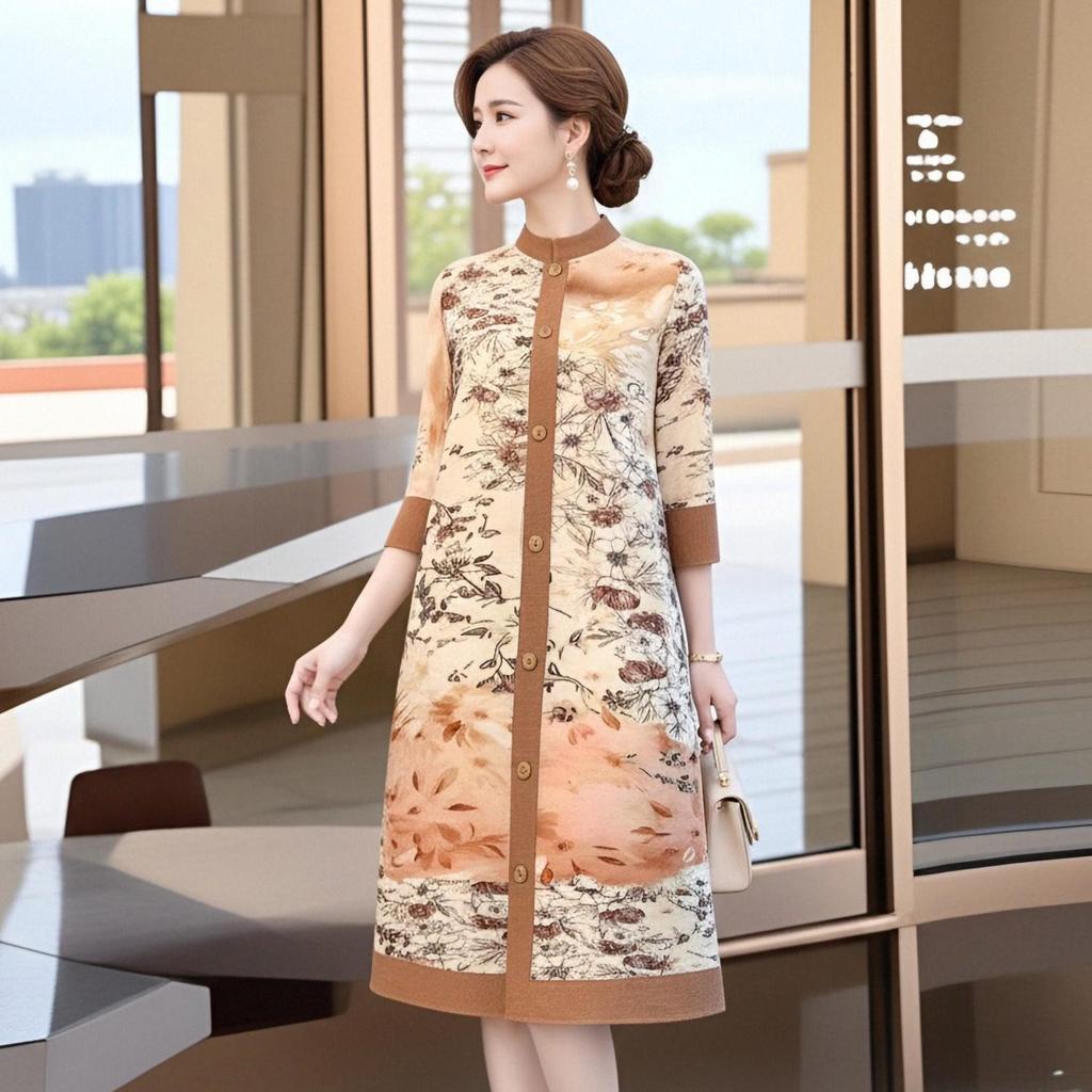 Elegant Spring Pleated Floral Dress for Mature Women