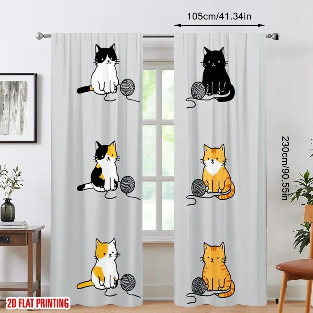 Set Of 2 Cartoon Cat Print Curtain Polyester Drapes Home Decor Kids Room Window Treatment With Rod Pocket Blackout Perfect For