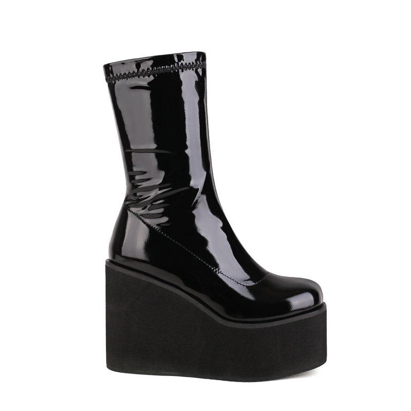 Foam Light-weight Sole Platform Wedges High Heels Girls Shoes Gloss Patent PU Leather Red White Ankle Stretch Booties Gothic Women Black Boots