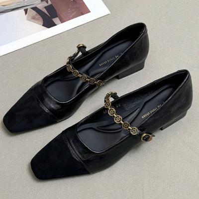 Damen Flats Frühling Neu Eckiger Zeh Flacher Ausschnitt Wildleder Spleißen Metallkette Rutschfest Einzelne Schuhe