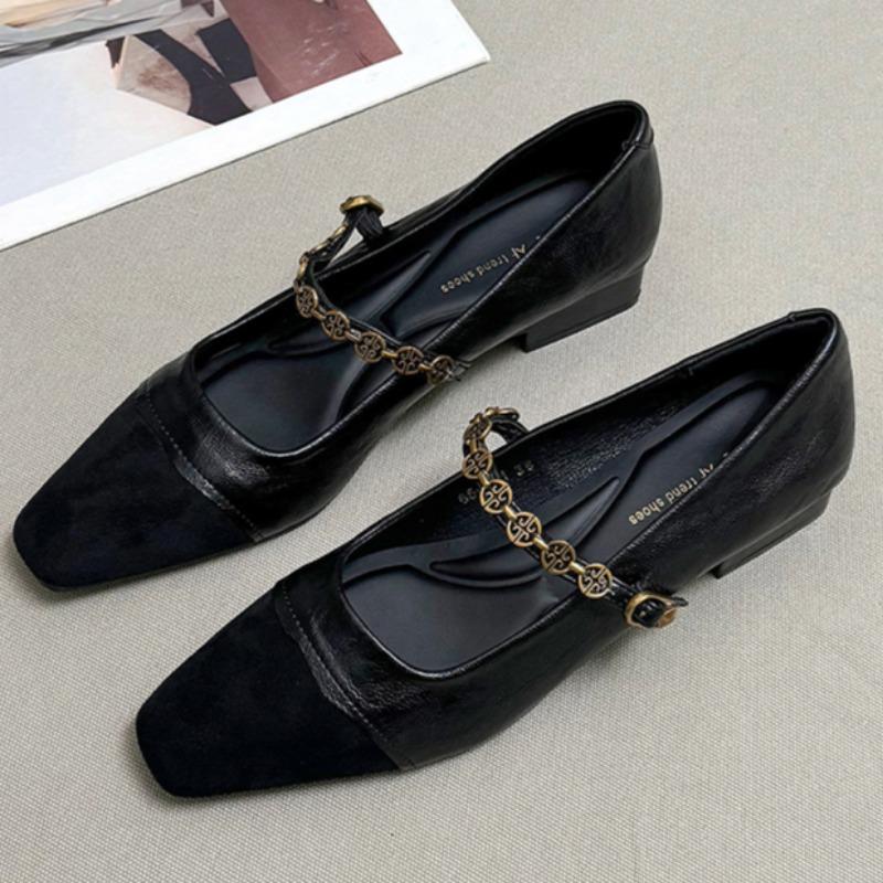 Women's Flat Shoes Spring New Square Head Shallow Mouth Suede Splicing Metal Chain Non-slip Single Shoes