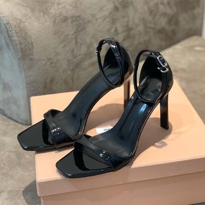 Fashion 2025 Summer Patent Leather Black Square Head Sexy High Heels Female Royal Sister Open Toe Thin With A Line Sandals For Women