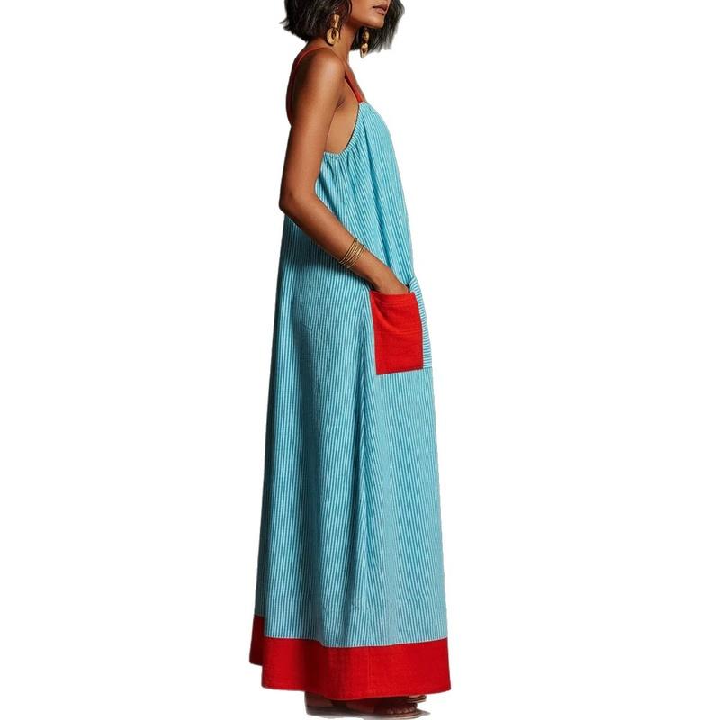 Women's Striped Spaghetti Strap Maxi Dress Summer Vacation Sleeveless Tie Waist Long Dress
